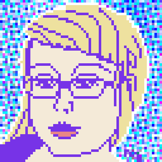 A pixel art portrait features a person with glasses, displayed against a colorful, pixelated background.