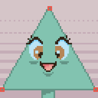 A pixel art image of a stylized, smiling triangular character with eyes and a mouth, resembling a tree against a purple background.
