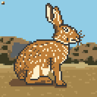 A pixelated rabbit sits in a desert landscape with cacti in the background.