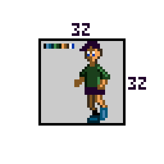 A pixel art character with purple hair is inside a box labeled 32 on each side, wearing a green shirt and purple skirt, surrounded by a small palette of colors.