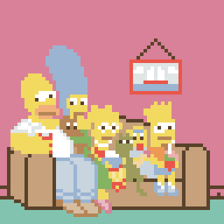 A pixel art version of a cartoon family sitting on a couch with a small picture hanging above them.