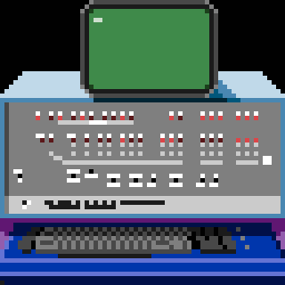 A retro-style computer setup features a green monochrome monitor and a control panel with numerous switches and buttons.