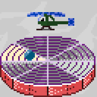 A pixel art design features a helicopter hovering over a circular, grid-like structure.