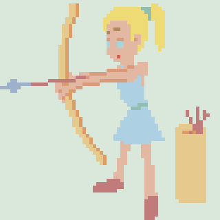 A pixel art depiction of a person with a ponytail aiming a bow and arrow, with a quiver of arrows nearby.