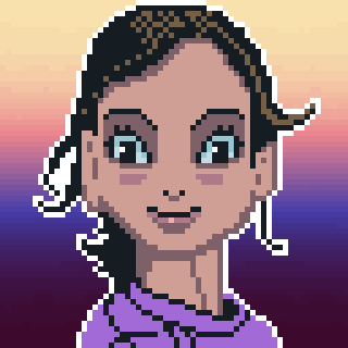 A pixel art style portrait depicts a person with short, dark hair and a light purple top against a gradient background.