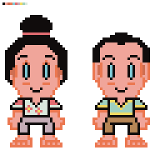 Two pixel art characters are standing side by side, each with distinct hairstyles and colorful outfits.