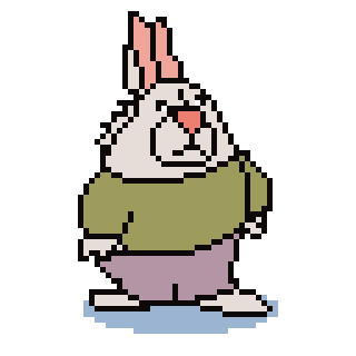 A pixel art-style rabbit is wearing a green shirt and pants, standing on a light blue surface.