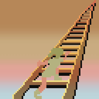 A pixel art figure ascends a long, leaning wooden staircase against a gradient sky.