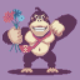 A pixelated cartoon gorilla holding a colorful bouquet is standing against a purple background.