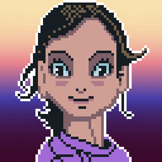 A pixel art portrait of a person with short dark hair against a gradient background.