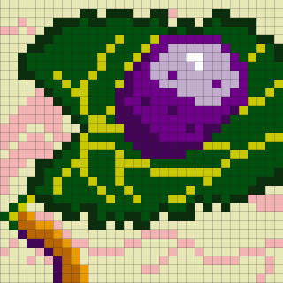 A pixel art illustration features a purple fruit with a face on a green leaf background, set against a pink and beige grid-patterned backdrop.