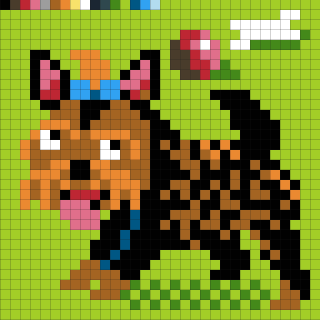 A pixel art depiction of a dog wearing a blue collar, with a bone and ball in the background, set against a green grid.