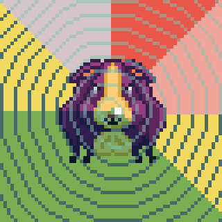 A pixel art guinea pig is set against a vibrant, abstract background with colorful, curved lines and geometric shapes.