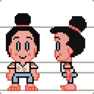 A pixel art character with a bun hairstyle is shown in both a front and side view, wearing a flower-detailed shirt and shorts.