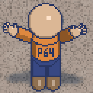 A pixel art character with a bald head is wearing an orange and blue outfit featuring the number P64, standing with arms outstretched.