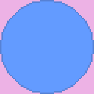 A pixelated blue circle is set against a pink background.