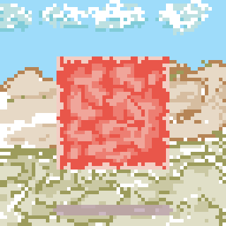 A pixelated landscape features a prominent red square at its center with clouds above and hills surrounding it.