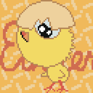 A pixelated yellow chick with a partially broken eggshell on its head stands against an orange patterned background.