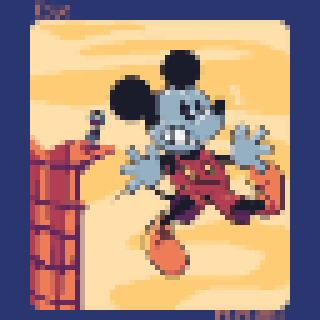 A pixel art depiction of a character with mouse-like features and large ears, wearing red shorts and orange shoes, appears to be jumping or mid-air against a sunset-like background.