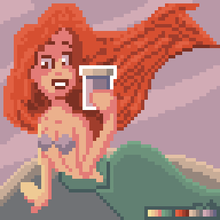 A pixel art mermaid with red hair is holding a glass while sitting on a rock.