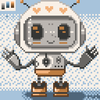 A cute pixel art robot with orange heart antennas and a smiling face stands on a dotted background.