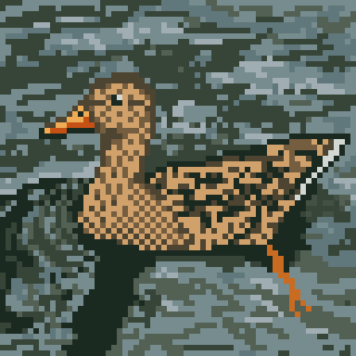A pixel art depiction of a duck swimming on water.