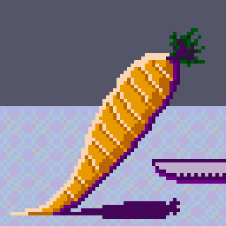 A pixel art-style carrot with a bite taken out of it lies on a gray surface, casting a shadow.