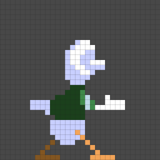 A pixelated representation of a cartoon duck character is shown walking against a gray background.