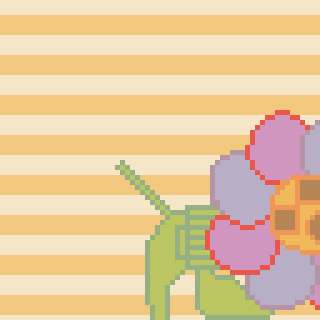 A pixelated flower with a green stem is set against a striped beige and yellow background.