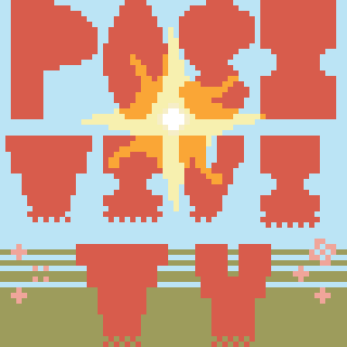 Pixel art depicts a stylized sunburst design surrounded by abstract shapes and patterns.