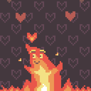 A pixel art character sits in flames, surrounded by brown and red hearts against a dark background.