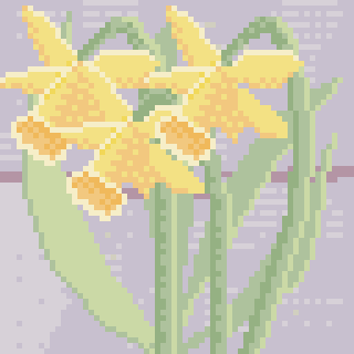 Pixel art depiction of yellow daffodils with green stems on a light purple background.