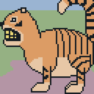 A pixel art-style creature resembling a tiger with exaggerated facial features is depicted.