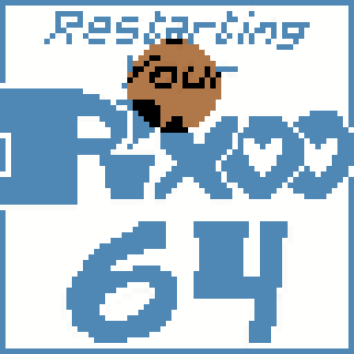 Pixelated text and graphics illustrate the phrase Restarting your RICO 64 with a circular shape above the word your.