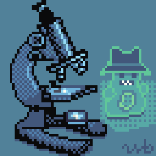 A pixel art style microscope is depicted alongside a green pixelated figure wearing a fedora.