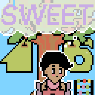 A pixel art scene features a person in pink holding a watermelon beneath a large tree, with the word SWEET above.