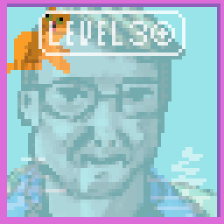 Auto-generated description: A pixelated portrait features a person wearing glasses with a digital LEVEL 30 graphic above their head and a pixelated orange cat sitting on top.