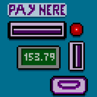 A retro video game-style interface displays a virtual payment screen with PAY HERE text, digital buttons, and a monitor showing 153.79.