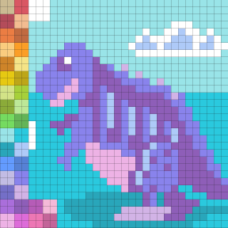 A pixel art depiction of a purple dinosaur standing near a rainbow-striped column under a cloudy sky.