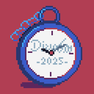 A pixel art pocket watch displays the text Dixon 2025 and features a blue outline with a chain against a red background.