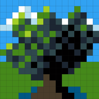 A pixel art depiction of a tree with a dark trunk and green foliage set against a blue sky with clouds.