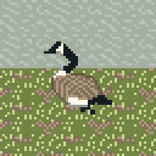 A pixel art depiction of a goose standing on grassy terrain with a cloudy sky in the background.