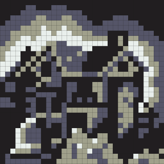 A pixelated image features a monochromatic abstract pattern with varying shades of gray and black.