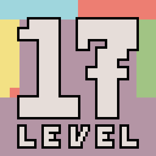 Large, pixelated numbers 17 with blocky letters spelling LEVEL are set against a colorful, block-patterned background.