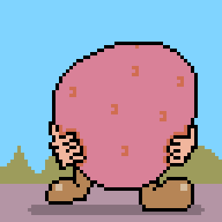 A pixelated character resembling a large, round pink creature with brown shoes stands against a simple outdoor background.