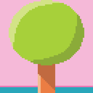 A pixel art tree with a green, round canopy and a brown trunk is set against a pink and blue background.