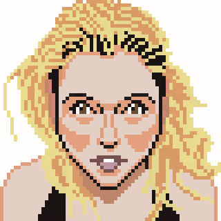 A pixel art depiction of a person with blonde hair and a determined expression.
