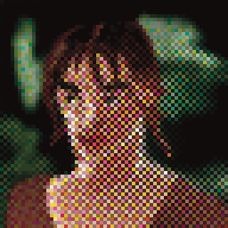 A pixelated portrait of a person with short hair set against a dark green background.