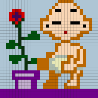 A pixel art character in a diaper is sitting next to a potted plant with a red flower.