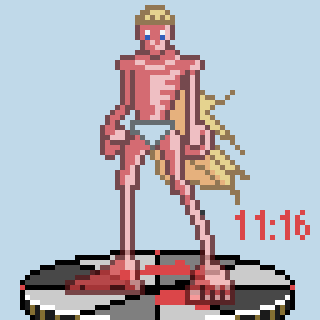 A pixelated character resembling a toy-like figure stands on a circular platform with a time display reading 11:16.